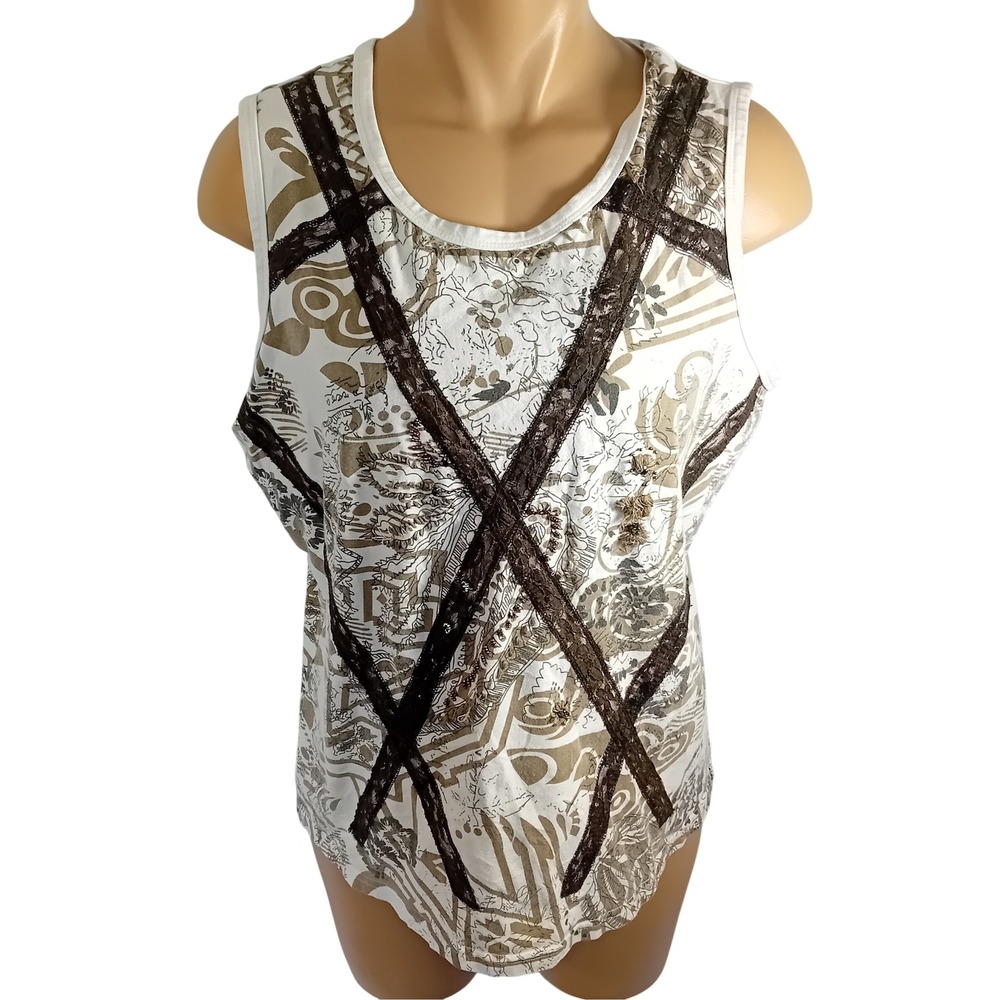 Y2K Dolce Vita Tank Top Lace Accent Floral Cross Pattern Business‎ Casual L READ